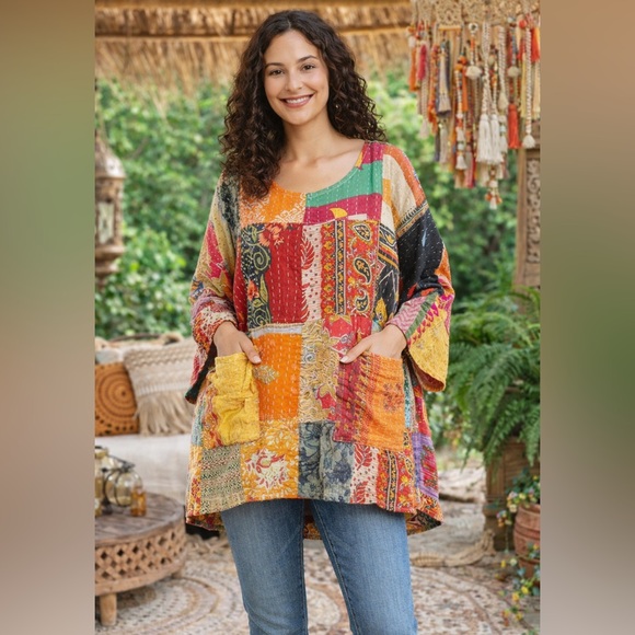 Tops - New!Oversized Quilted Kantha Cotton Patchwork Tunic Top with pockets